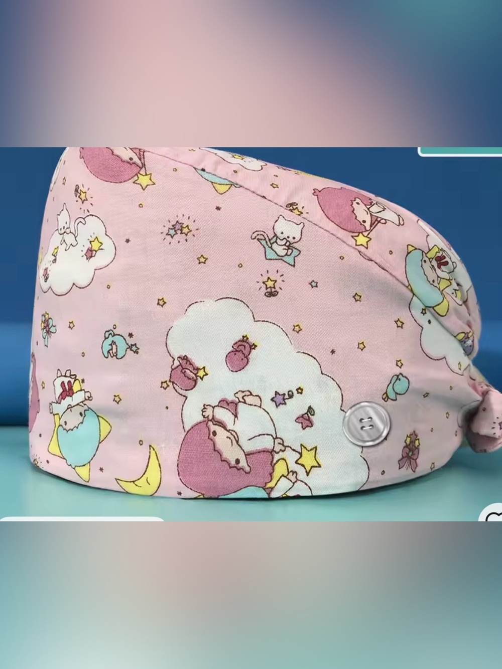 Pink Cartoon Cloud Print Scrub Cap with Button